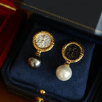 Ancient Greek Retro 925 Silver Coin Pearl Stud Earrings - Type H I - floysun