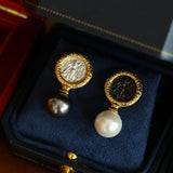 Ancient Greek Retro 925 Silver Coin Pearl Stud Earrings - Type H I - floysun