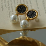 Ancient Greek Retro 925 Silver Coin Pearl Stud Earrings - Type H I - floysun