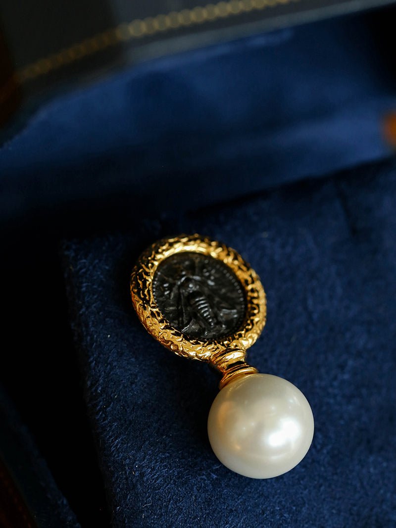 Ancient Greek Retro 925 Silver Coin Pearl Stud Earrings - Type H I - floysun
