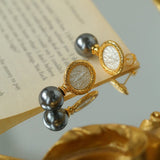 Ancient Greek Retro 925 Silver Coin Pearl Stud Earrings - Type H I - floysun