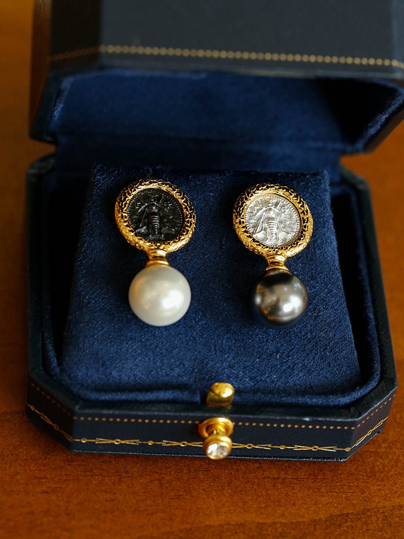 Ancient Greek Retro 925 Silver Coin Pearl Stud Earrings - Type H I - floysun
