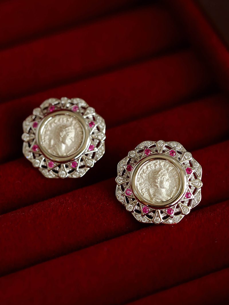 Ancient Greek Retro 925 Silver Coin Stud Earrings - Type A - floysun