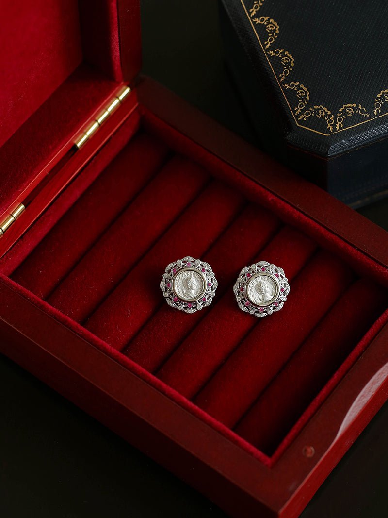 Ancient Greek Retro 925 Silver Coin Stud Earrings - Type A - floysun