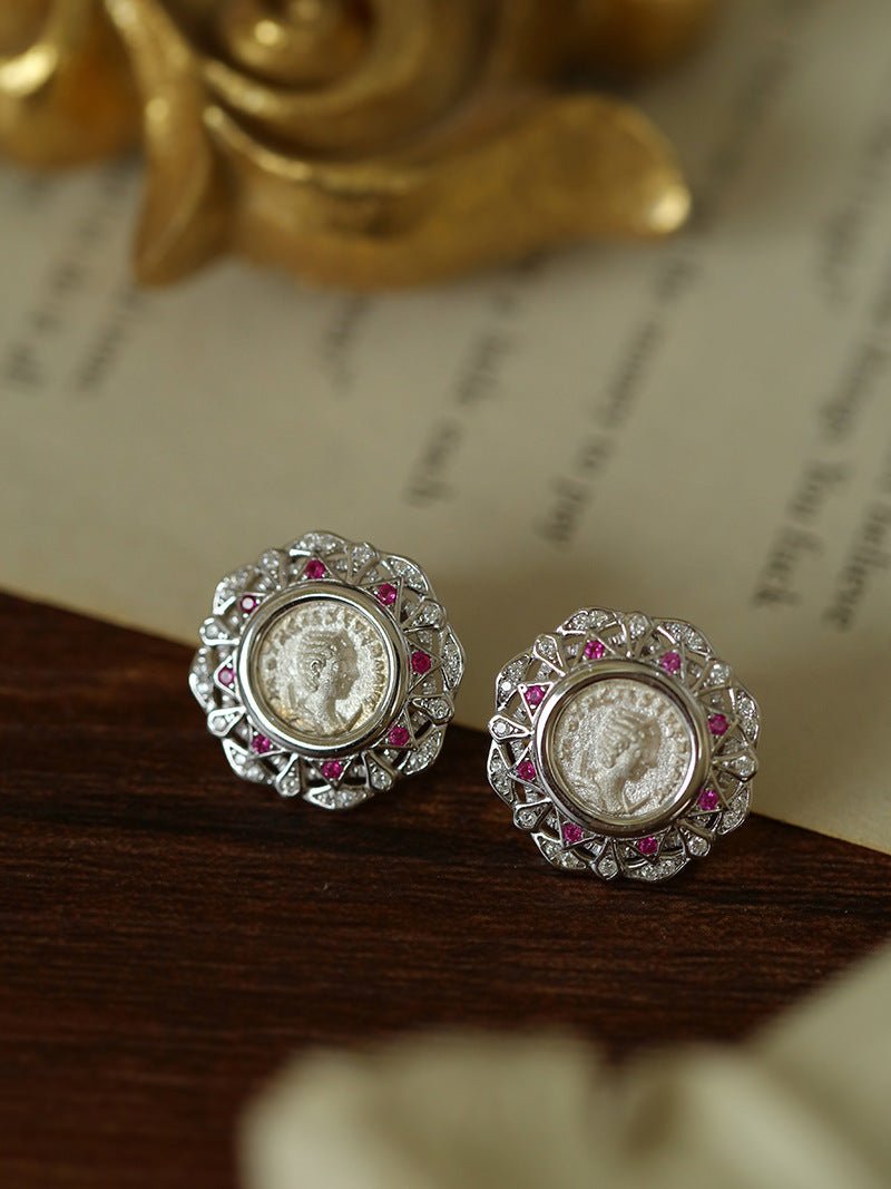 Ancient Greek Retro 925 Silver Coin Stud Earrings - Type A - floysun