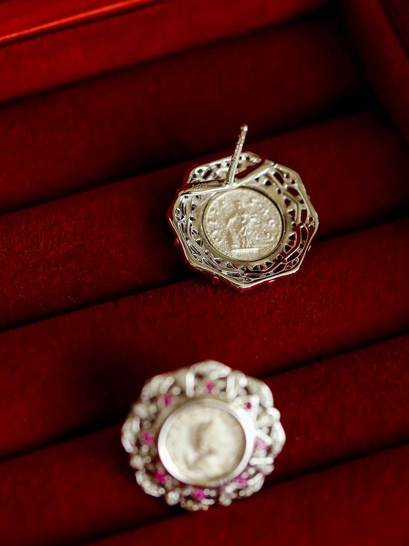 Ancient Greek Retro 925 Silver Coin Stud Earrings - Type A - floysun