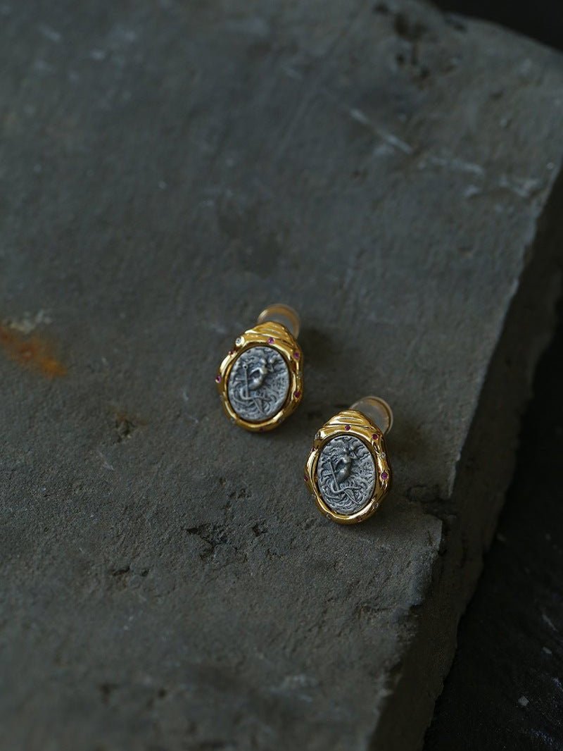 Ancient Greek Retro 925 Silver Coin Stud Earrings - Type B - floysun