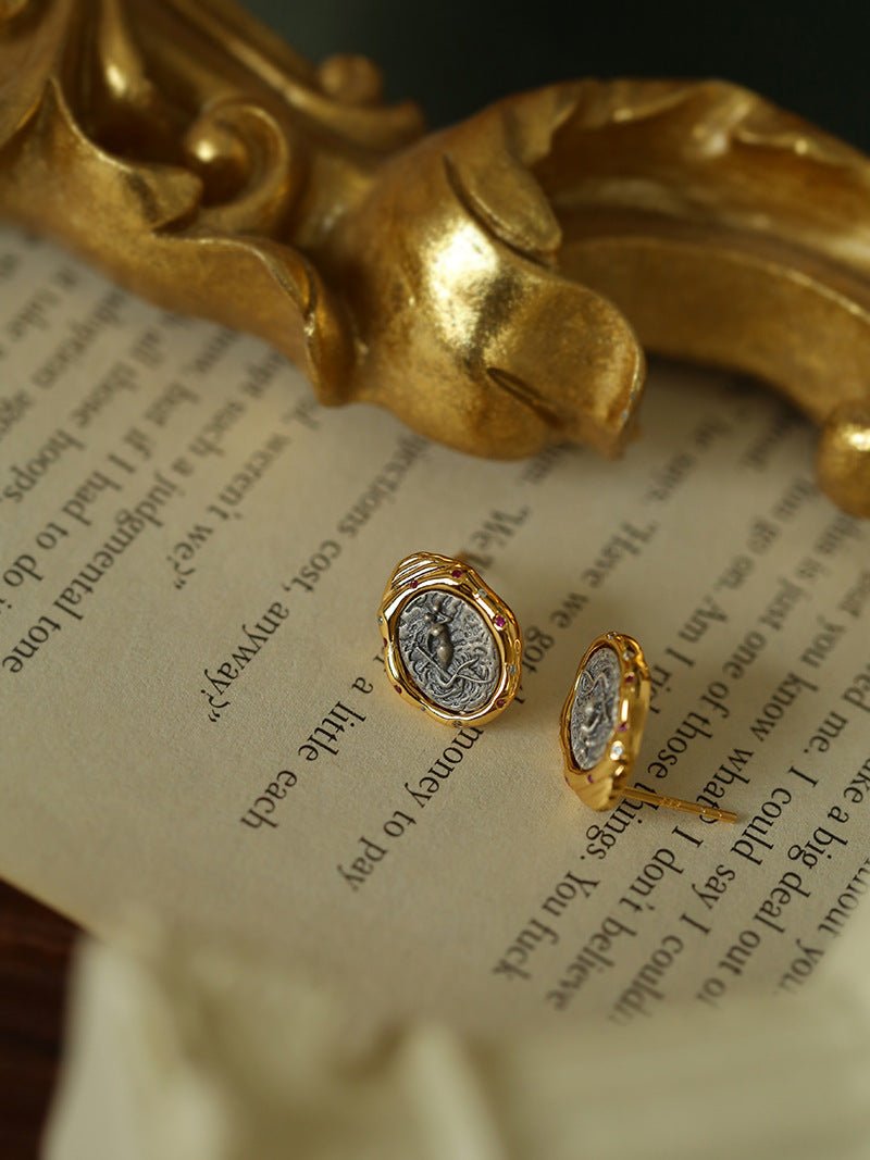Ancient Greek Retro 925 Silver Coin Stud Earrings - Type B - floysun