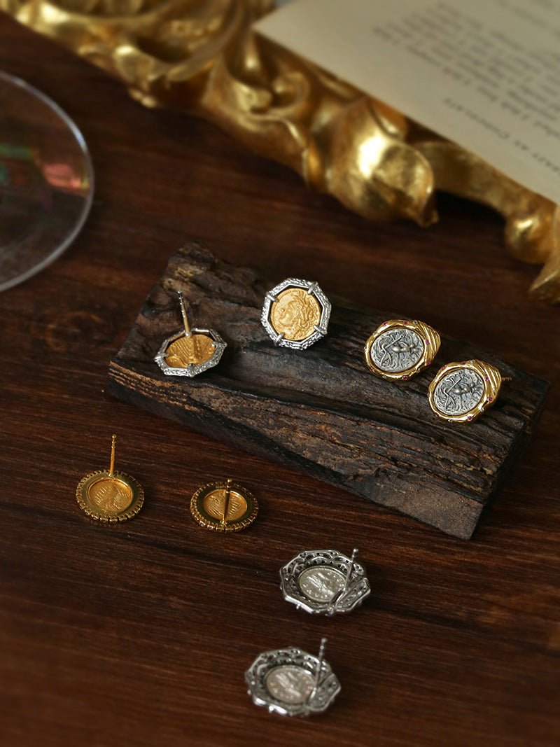 Ancient Greek Retro 925 Silver Coin Stud Earrings - Type B - floysun