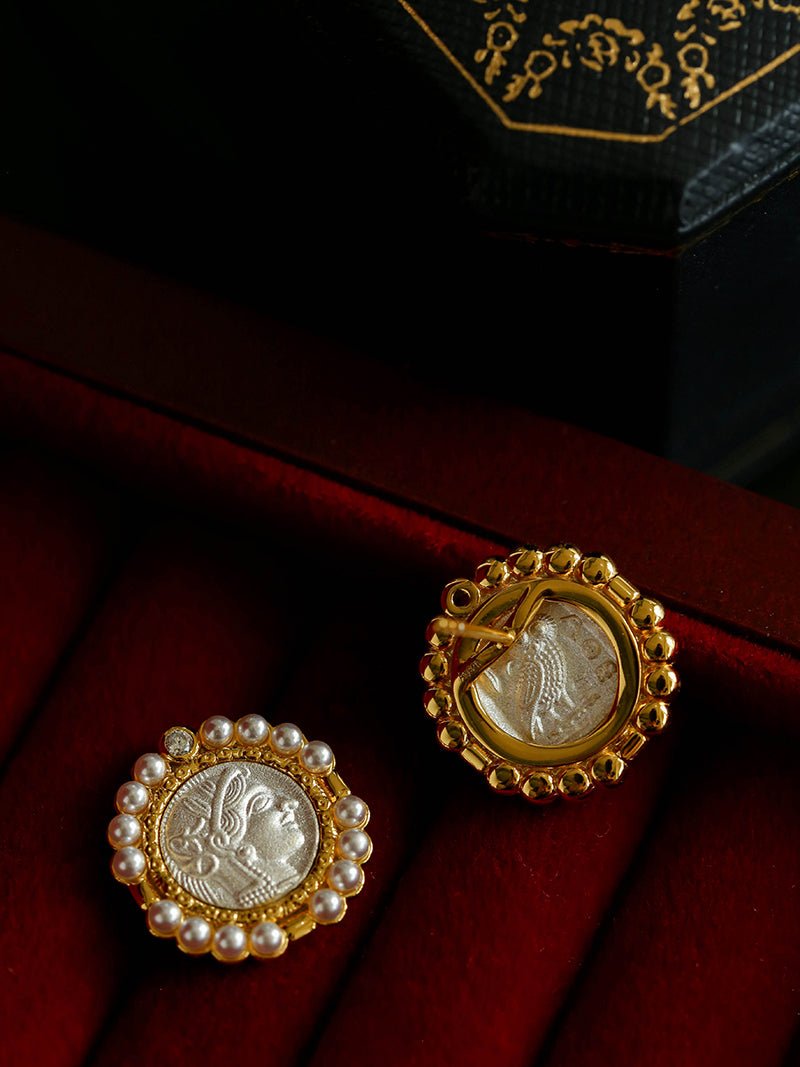 Ancient Greek Retro 925 Silver Coin Stud Earrings - Type C - floysun