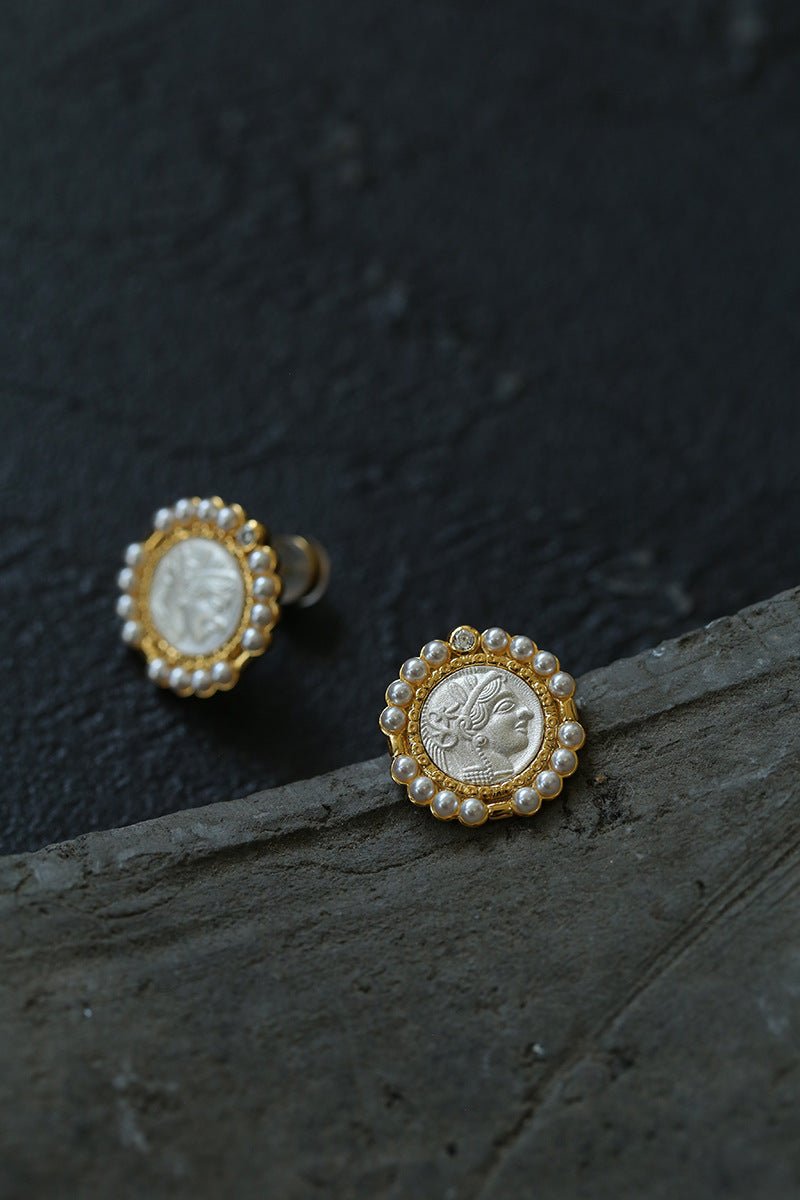Ancient Greek Retro 925 Silver Coin Stud Earrings - Type C - floysun