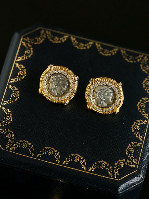 Ancient Greek Retro 925 Silver Coin Stud Earrings - Type D - floysun