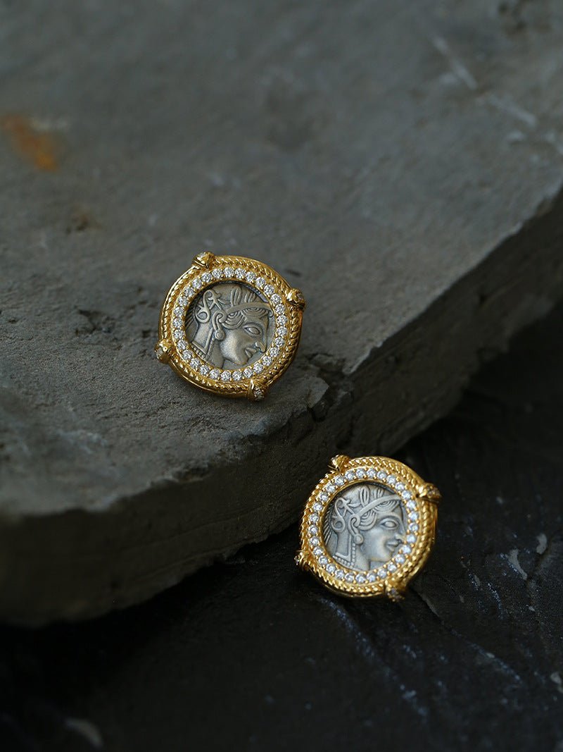 Ancient Greek Retro 925 Silver Coin Stud Earrings - Type D - floysun