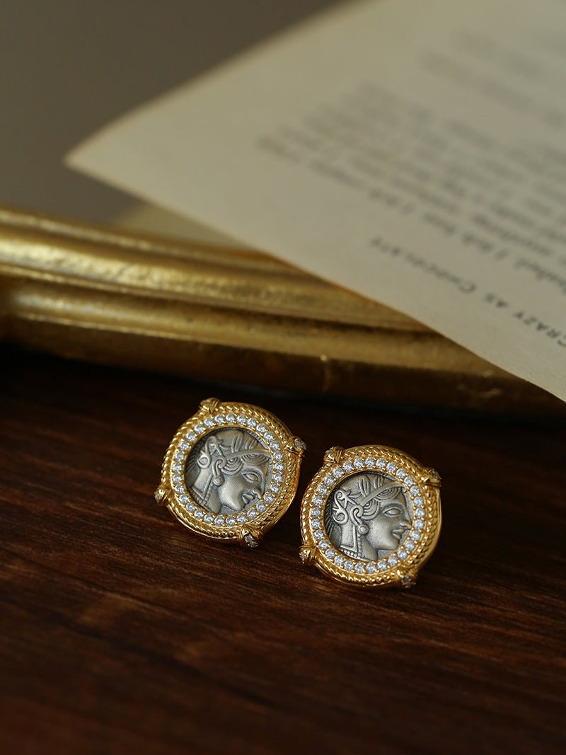 Ancient Greek Retro 925 Silver Coin Stud Earrings - Type D - floysun