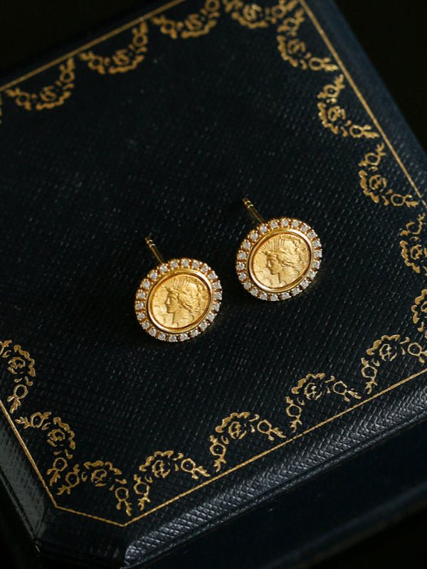 Ancient Greek Retro 925 Silver Coin Stud Earrings - Type E - floysun
