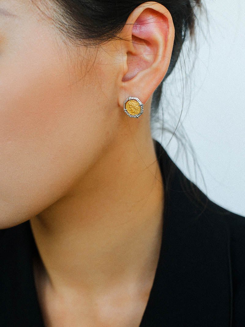Ancient Greek Retro 925 Silver Coin Stud Earrings - Type F - floysun
