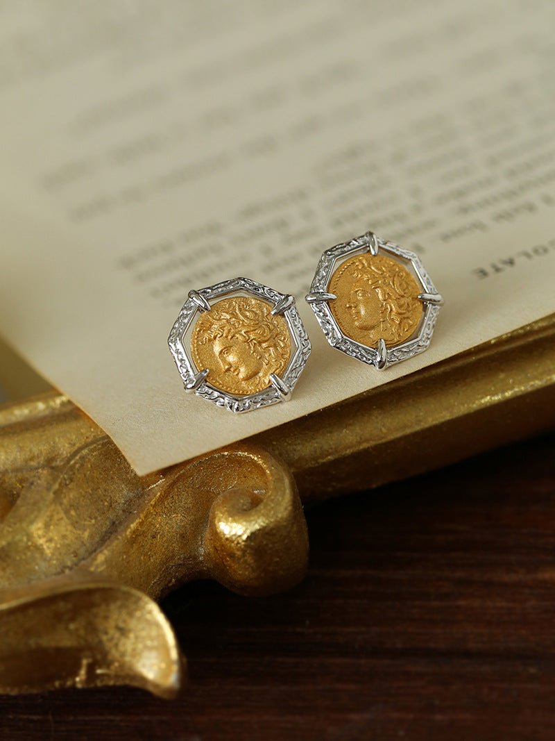 Ancient Greek Retro 925 Silver Coin Stud Earrings - Type F - floysun