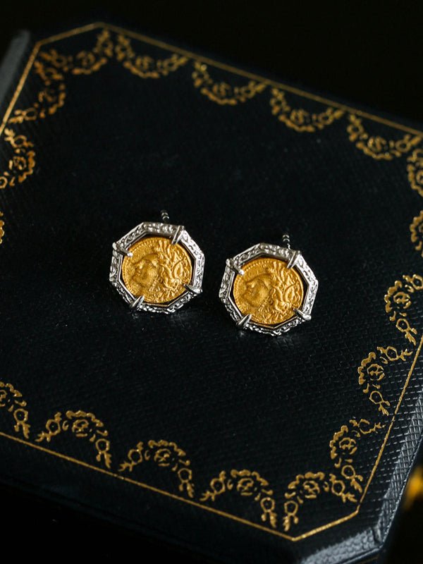 Ancient Greek Retro 925 Silver Coin Stud Earrings - Type F - floysun