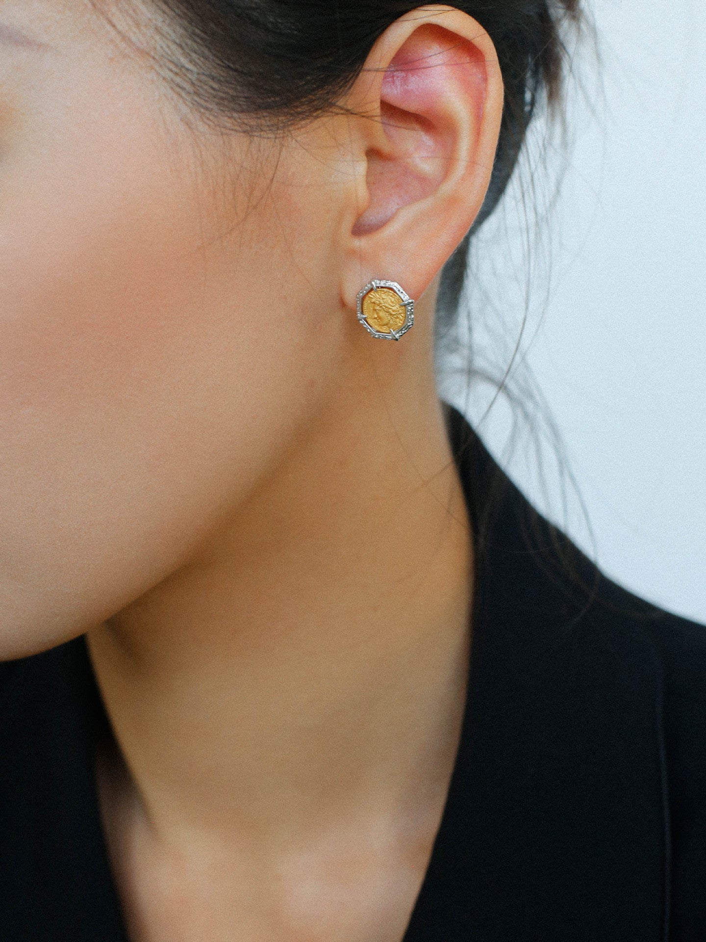 Ancient Greek Retro 925 Silver Coin Stud Earrings - Type F - floysun