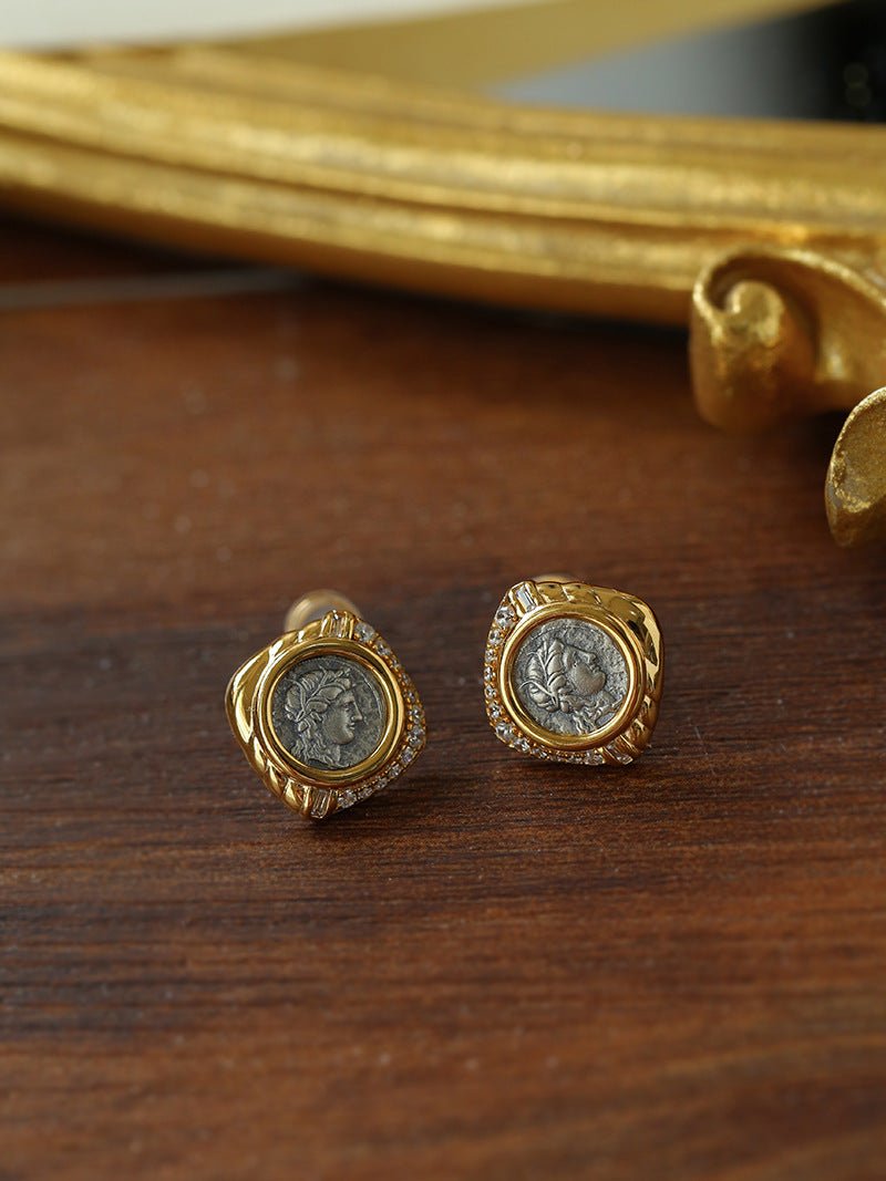 Ancient Greek Retro 925 Silver Coin Stud Earrings - Type G - floysun