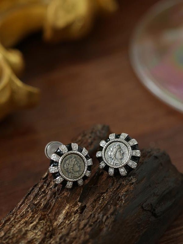 Ancient Greek Retro 925 Silver Coin Stud Earrings - Type K - floysun