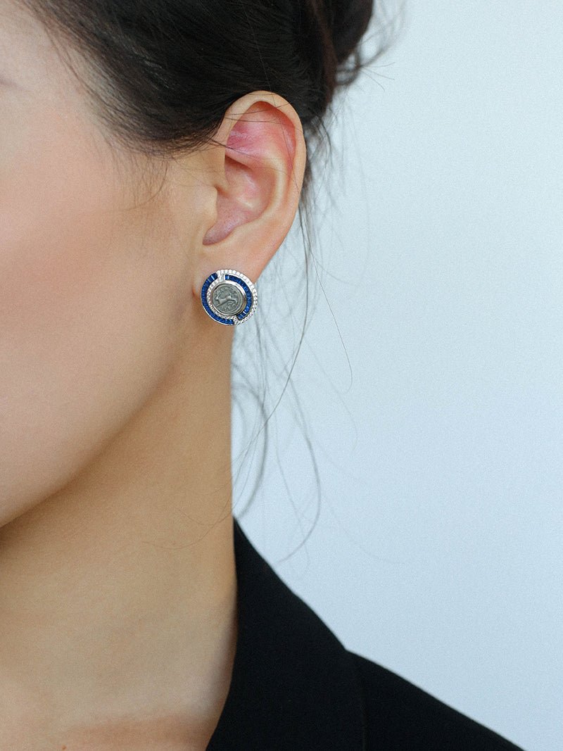 Ancient Greek Retro Blue 925 Silver Coin Stud Earrings - Type J - floysun