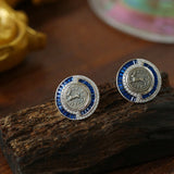 Ancient Greek Retro Blue 925 Silver Coin Stud Earrings - Type J - floysun
