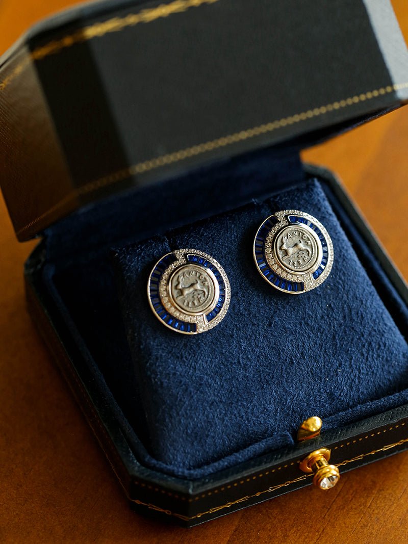 Ancient Greek Retro Blue 925 Silver Coin Stud Earrings - Type J - floysun