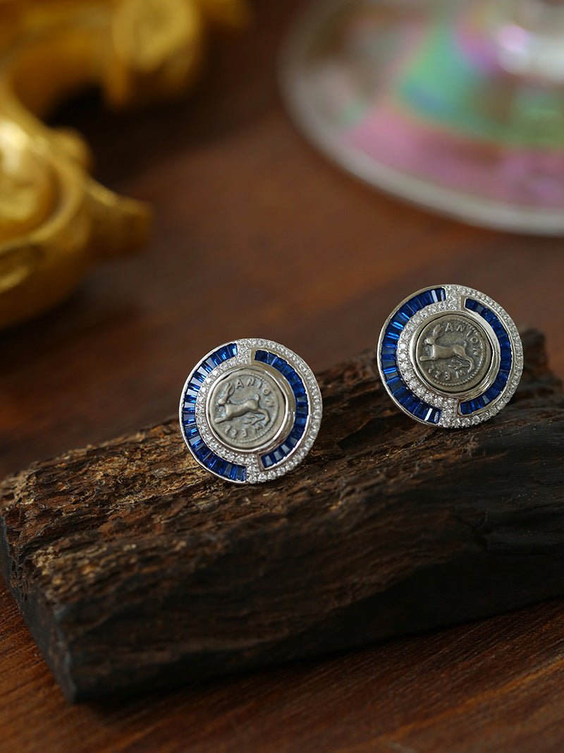Ancient Greek Retro Blue 925 Silver Coin Stud Earrings - Type J - floysun