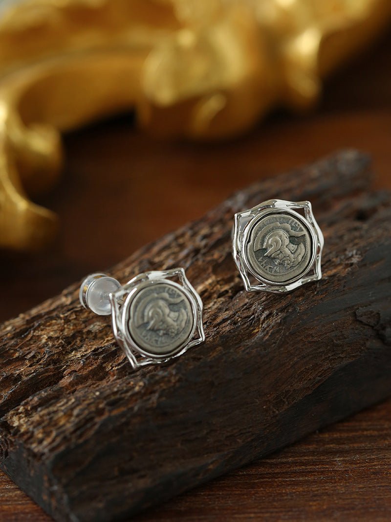 Ancient Greek Retro Blue 925 Silver Coin Stud Earrings - Type L - floysun