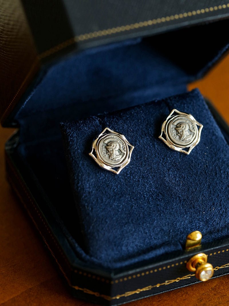 Ancient Greek Retro Blue 925 Silver Coin Stud Earrings - Type L - floysun