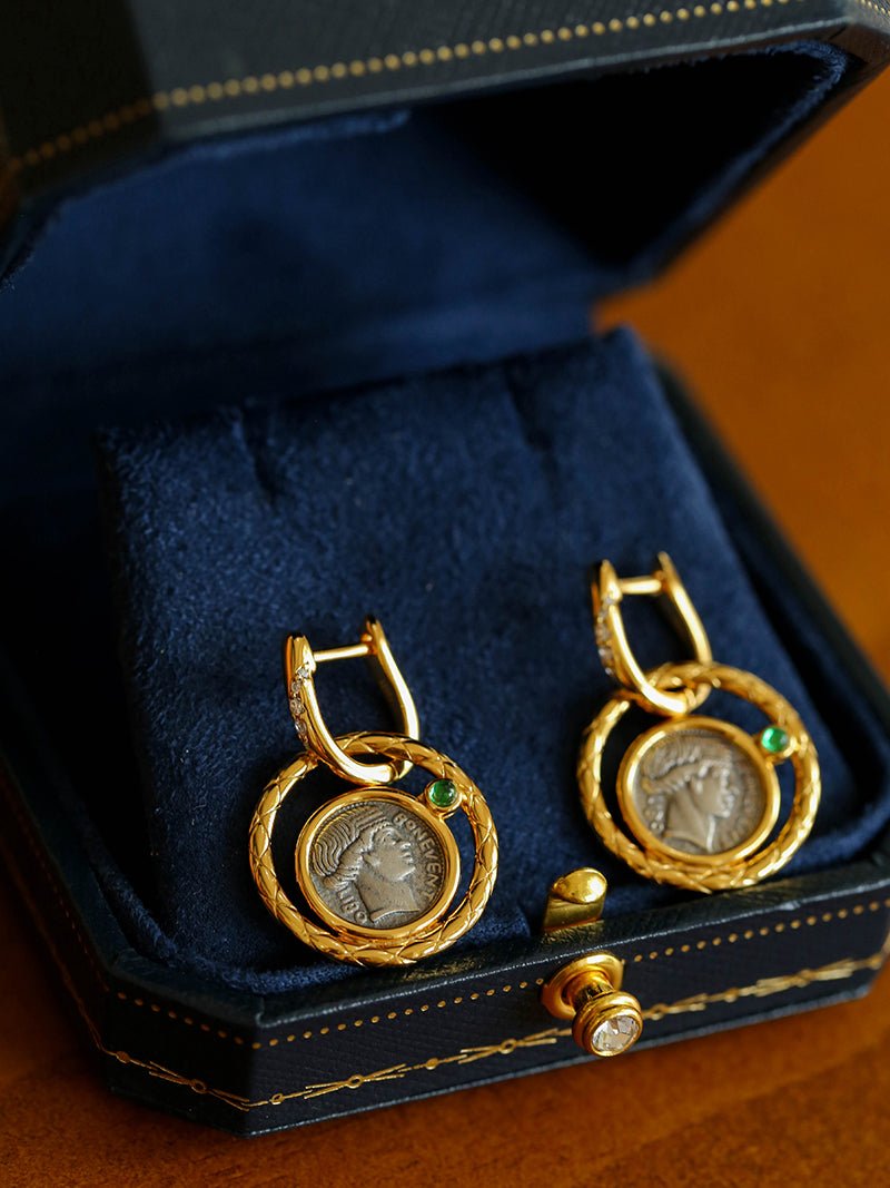 Ancient Greek Retro Blue 925 Silver Coin Stud Earrings - Type M - floysun