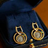 Ancient Greek Retro Blue 925 Silver Coin Stud Earrings - Type M - floysun