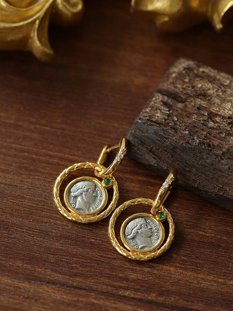Ancient Greek Retro Blue 925 Silver Coin Stud Earrings - Type M - floysun