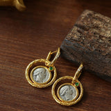 Ancient Greek Retro Blue 925 Silver Coin Stud Earrings - Type M - floysun