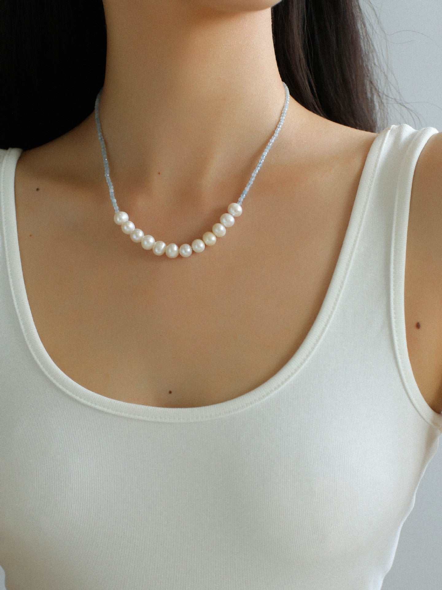 Aquamarine Smile Flat Round Pearl Beaded OT Necklace - floysun