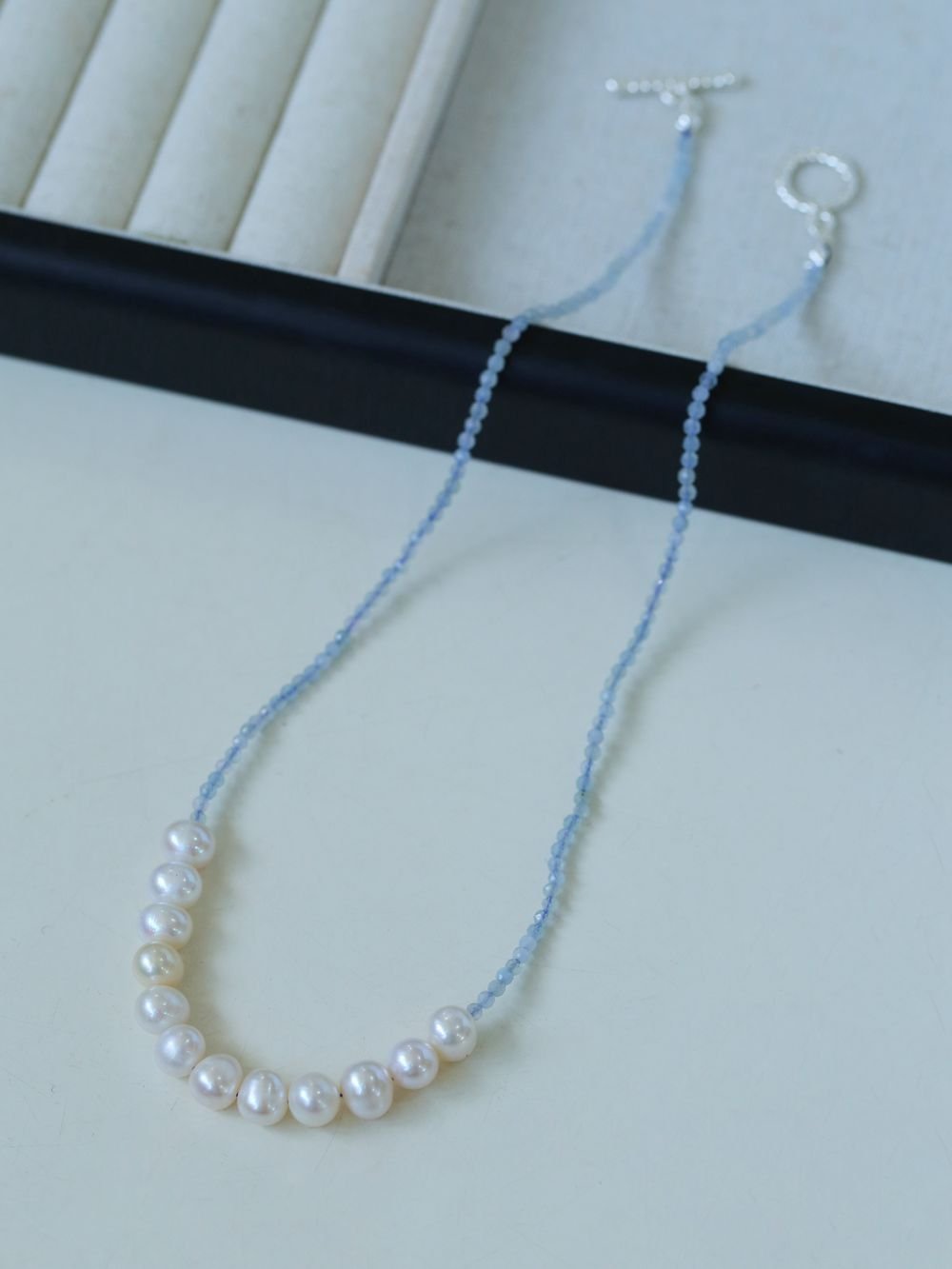 Aquamarine Smile Flat Round Pearl Beaded OT Necklace - floysun