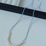Aquamarine Smile Flat Round Pearl Beaded OT Necklace - floysun