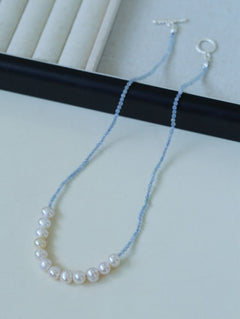 Aquamarine Smile Flat Round Pearl Beaded OT Necklace - floysun