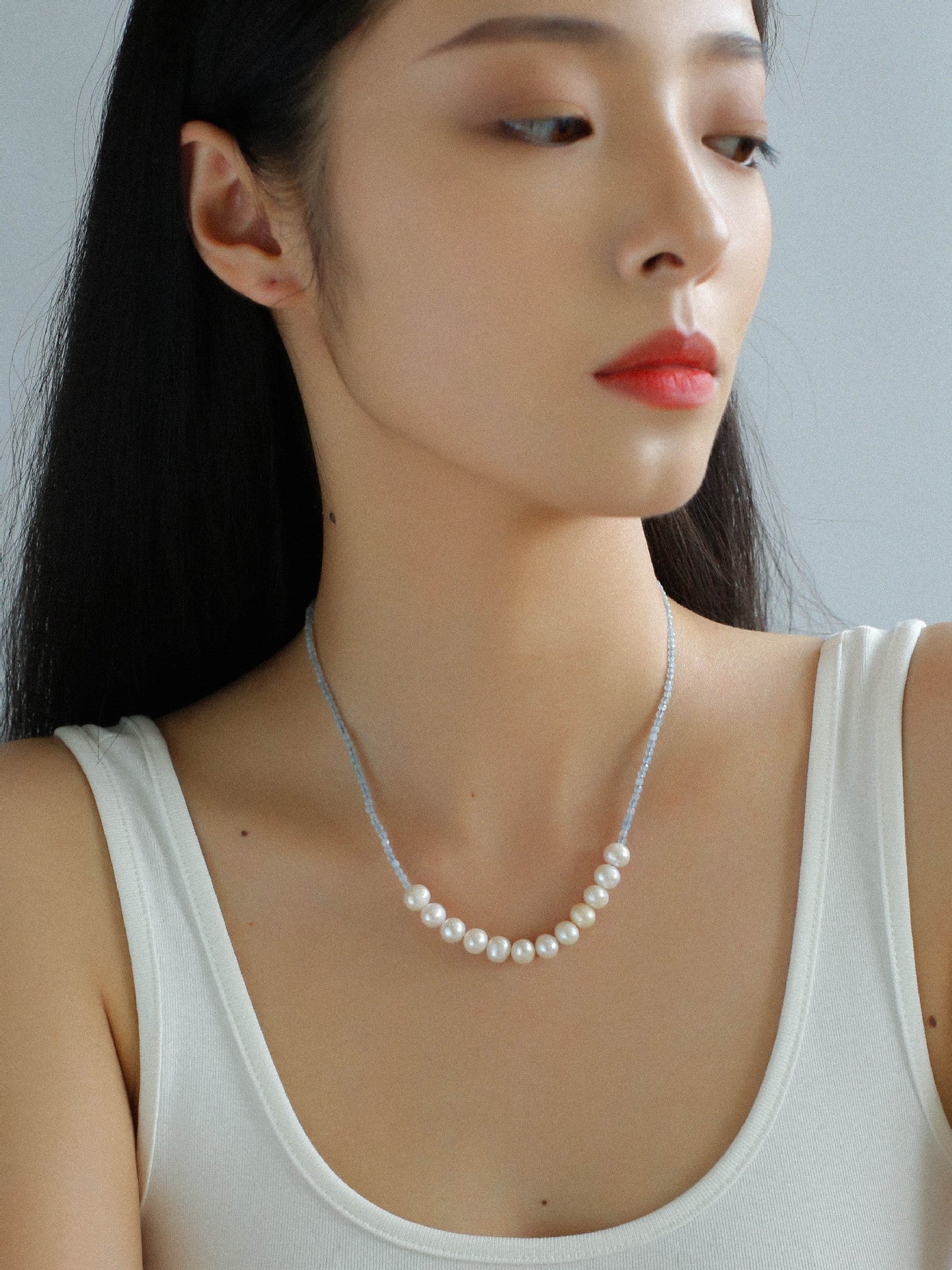 Aquamarine Smile Flat Round Pearl Beaded OT Necklace - floysun