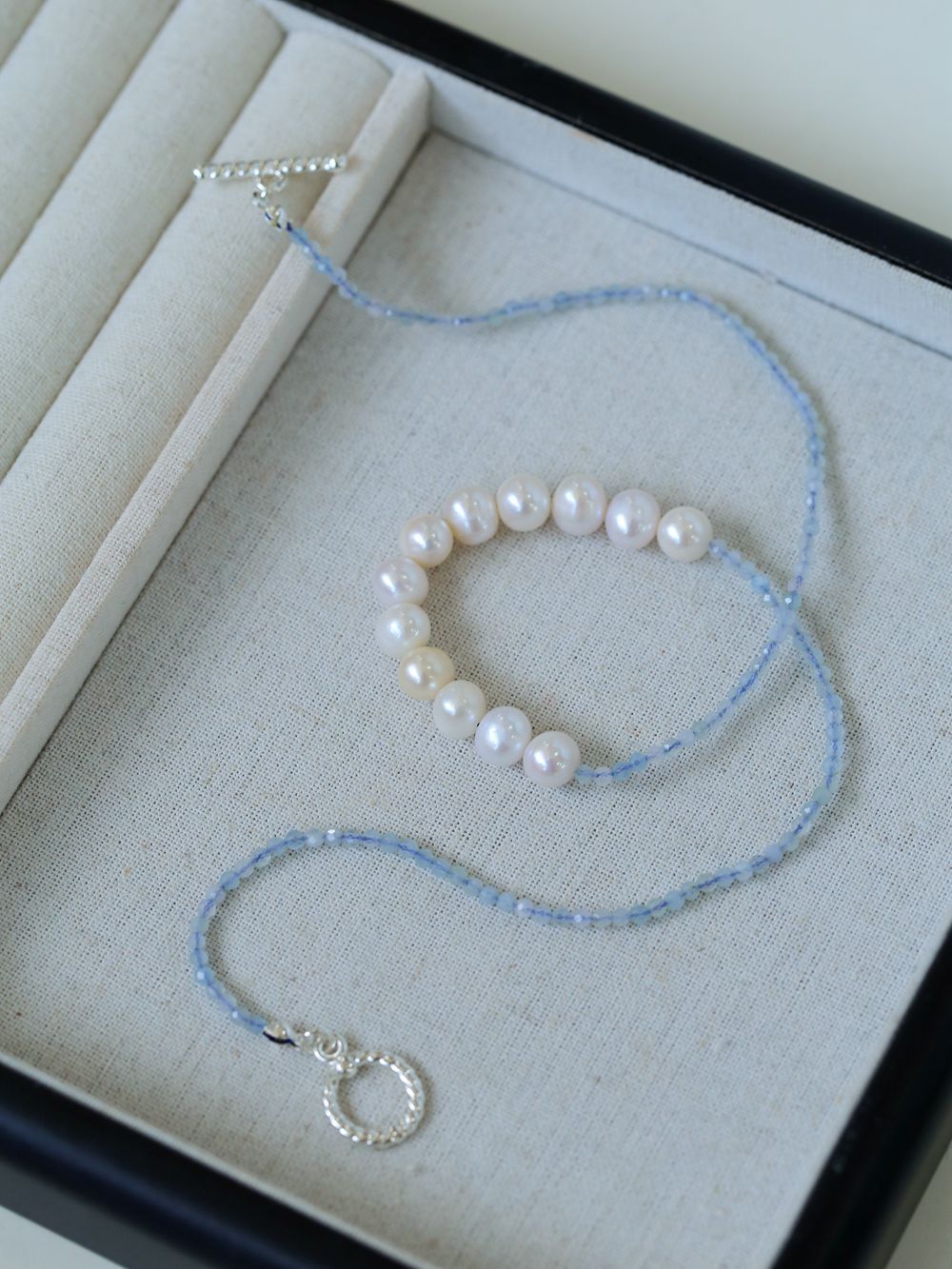 Aquamarine Smile Flat Round Pearl Beaded OT Necklace - floysun