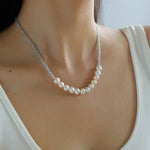 Aquamarine Smile Flat Round Pearl Beaded OT Necklace - floysun