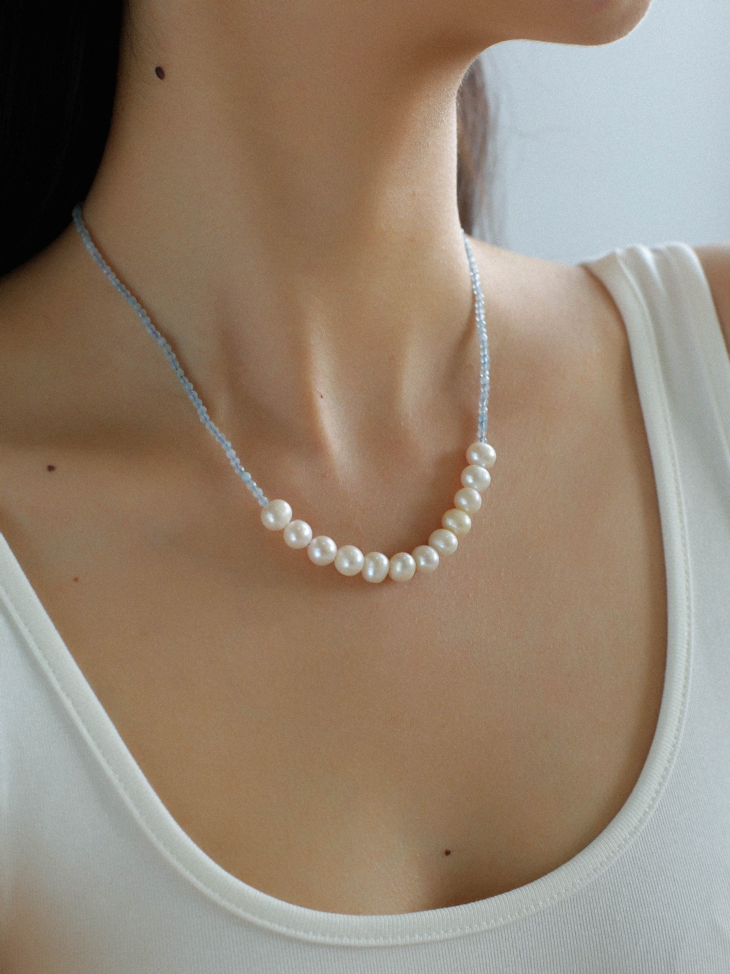 Aquamarine Smile Flat Round Pearl Beaded OT Necklace - floysun