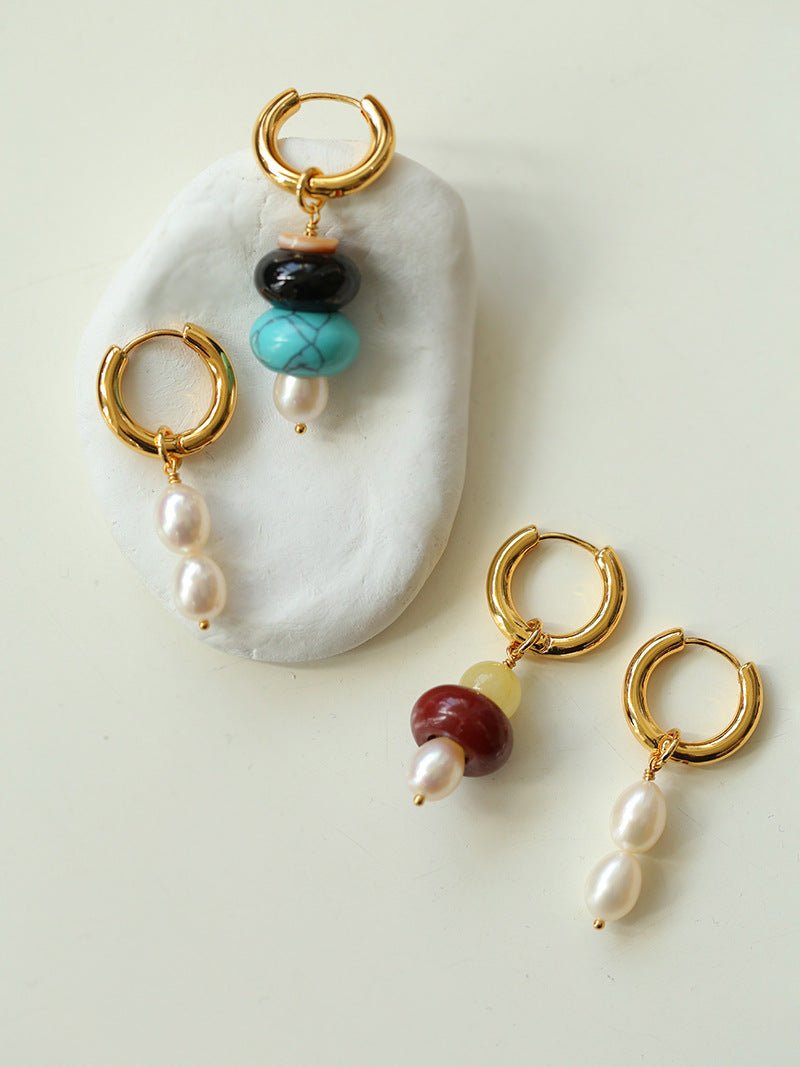 Asymmetric Natural Stone and Pearl Earrings - floysun