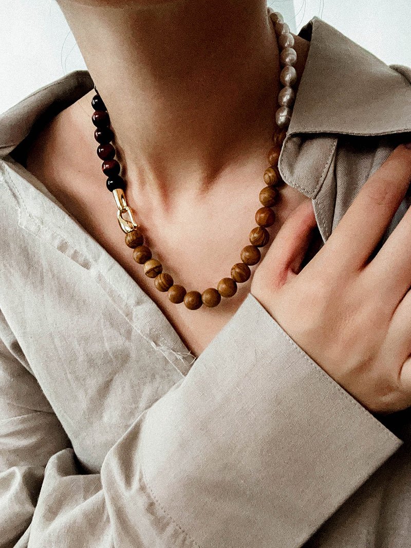 Autumn Whisper Natural Pearl & Red Tiger Eye & Wood Grain Stone Necklace - floysun