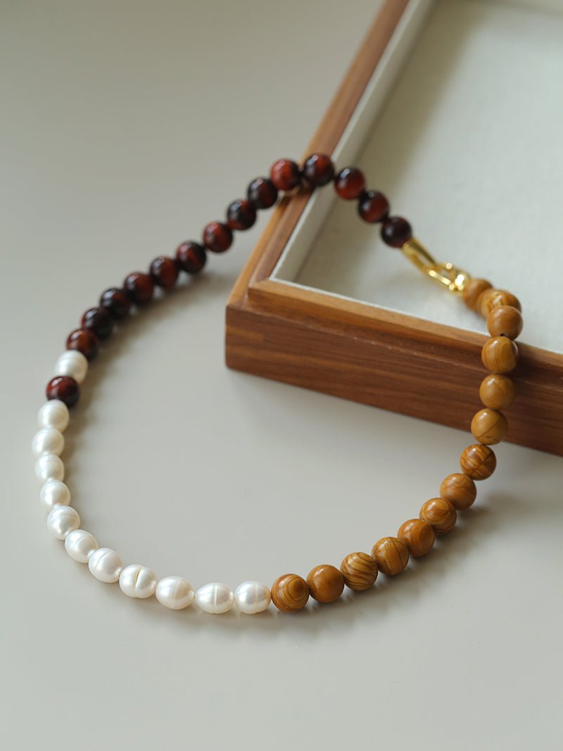 Autumn Whisper Natural Pearl & Red Tiger Eye & Wood Grain Stone Necklace - floysun