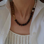 Autumn Whisper Natural Pearl & Red Tiger Eye & Wood Grain Stone Necklace - floysun