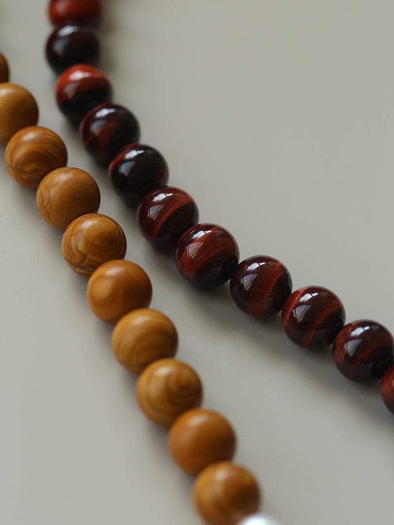 Autumn Whisper Natural Pearl & Red Tiger Eye & Wood Grain Stone Necklace - floysun