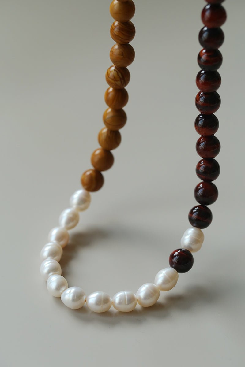 Autumn Whisper Natural Pearl & Red Tiger Eye & Wood Grain Stone Necklace - floysun