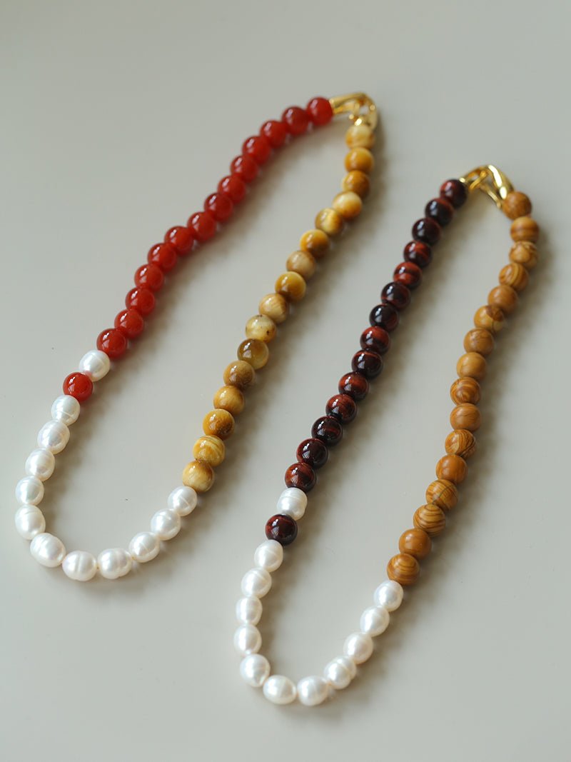 Autumn Whisper Natural Pearl & Red Tiger Eye & Wood Grain Stone Necklace - floysun
